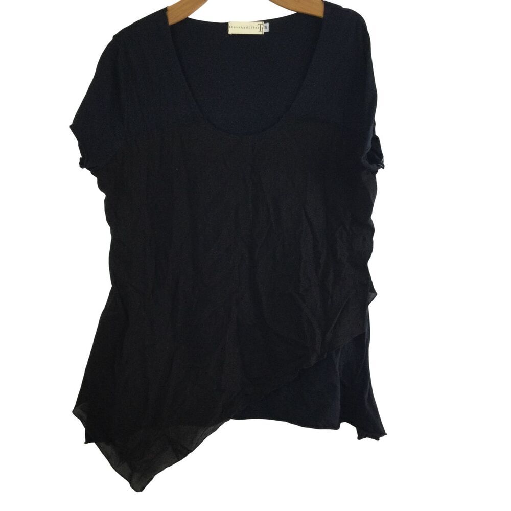 4 Love And Liberty Cotton Scoop Neck Overlay Shark Bite Blouse Top Black Plus 1X